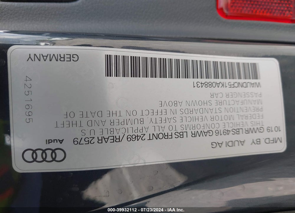 2019 AUDI A5 45 PREMIUM VIN: WAUDNCF51KA088431