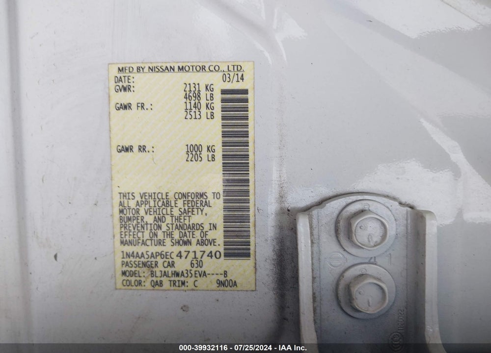 2014 NISSAN MAXIMA 3.5 SV VIN: 1N4AA5AP6EC471740