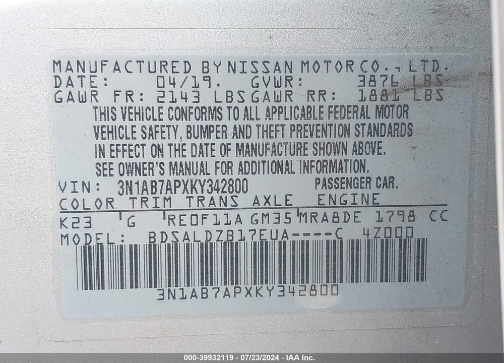 2019 NISSAN SENTRA SV VIN: 3N1AB7APXKY342800