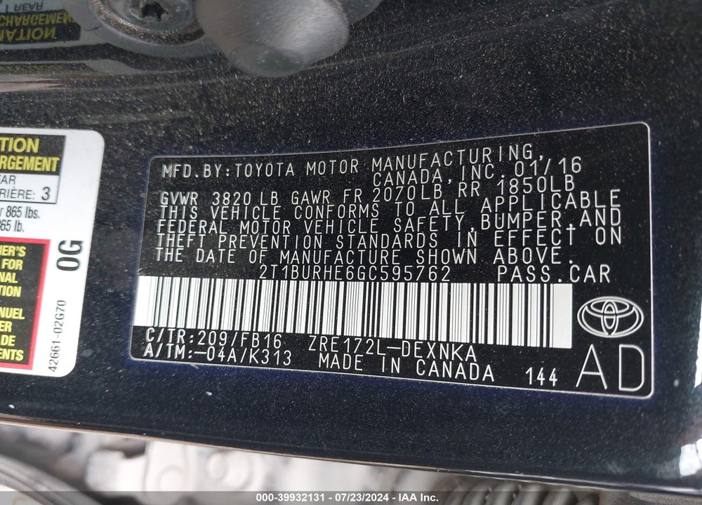 2016 TOYOTA COROLLA LE VIN: 2T1BURHE6GC595762