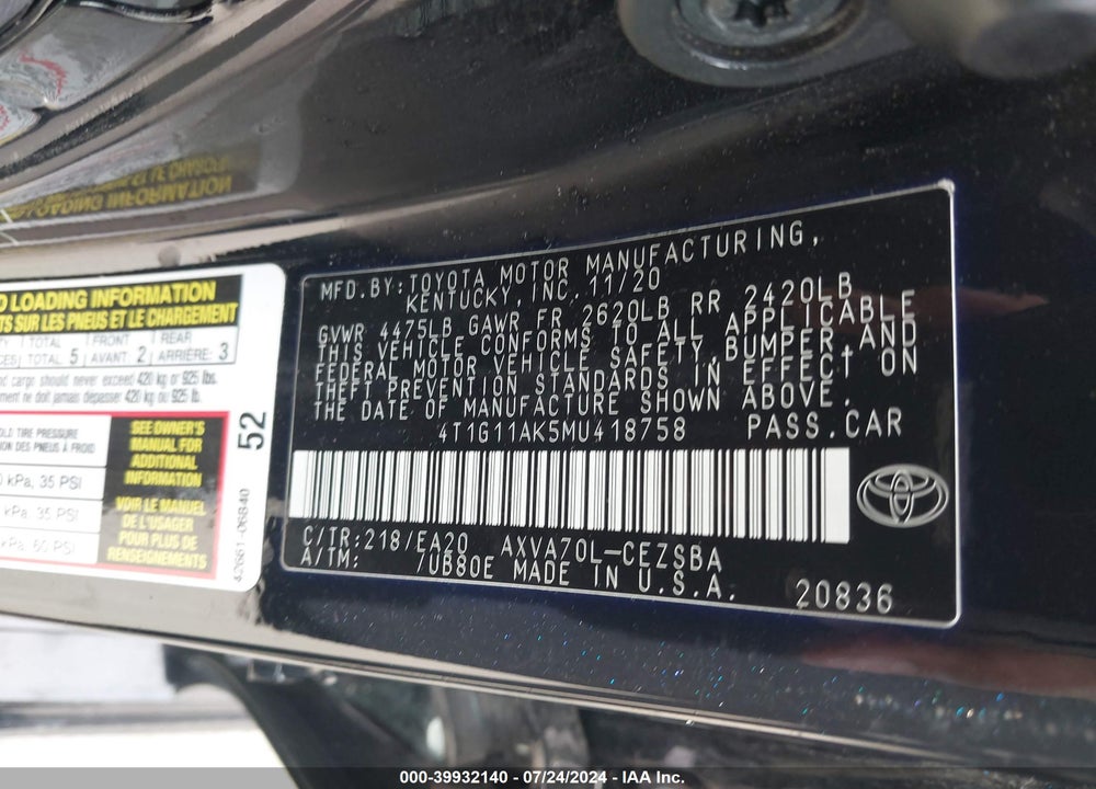 2021 TOYOTA CAMRY SE VIN: 4T1G11AK5MU418758