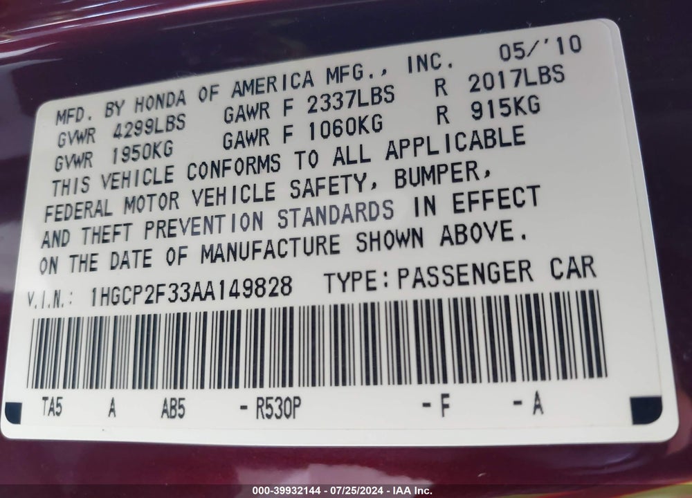 2010 HONDA ACCORD 2.4 LX VIN: 1HGCP2F33AA149828