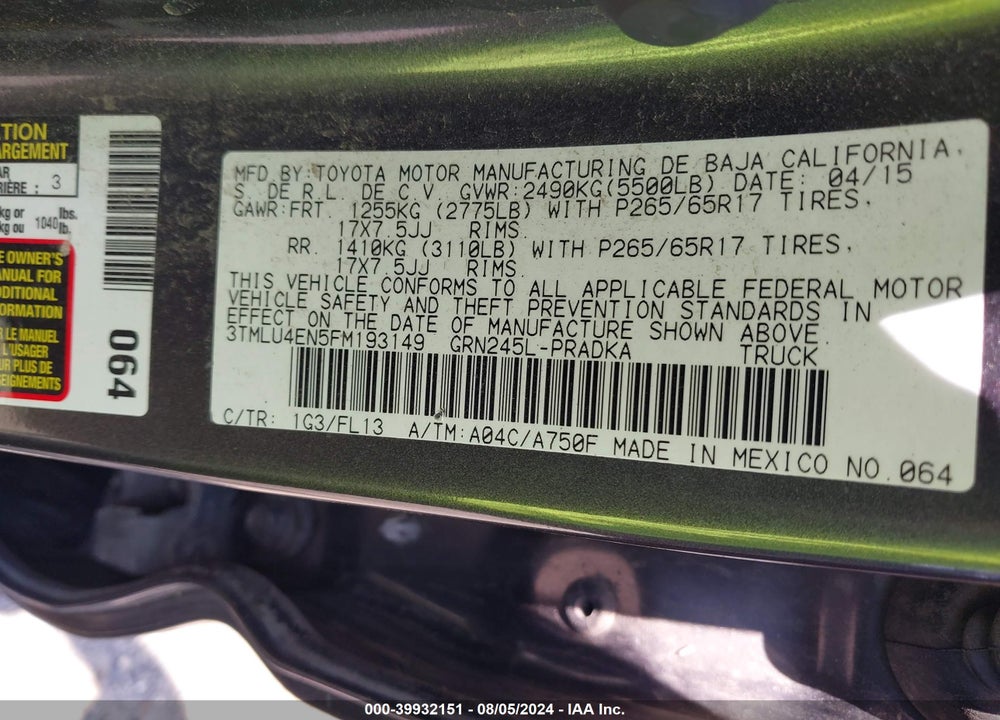 2015 TOYOTA TACOMA BASE V6 VIN: 3TMLU4EN5FM193149
