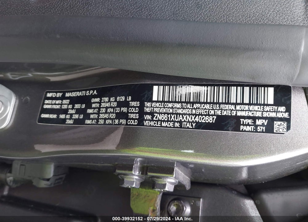 2022 MASERATI LEVANTE GT VIN: ZN661XUAXNX402687
