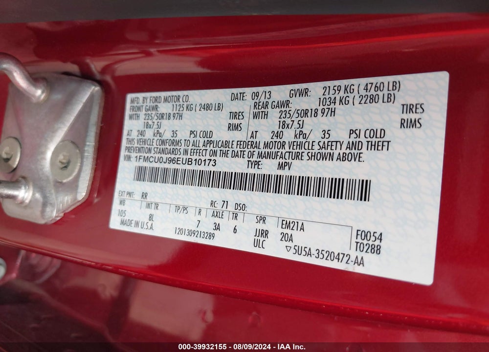 2014 FORD ESCAPE TITANIUM VIN: 1FMCU0J96EUB10173