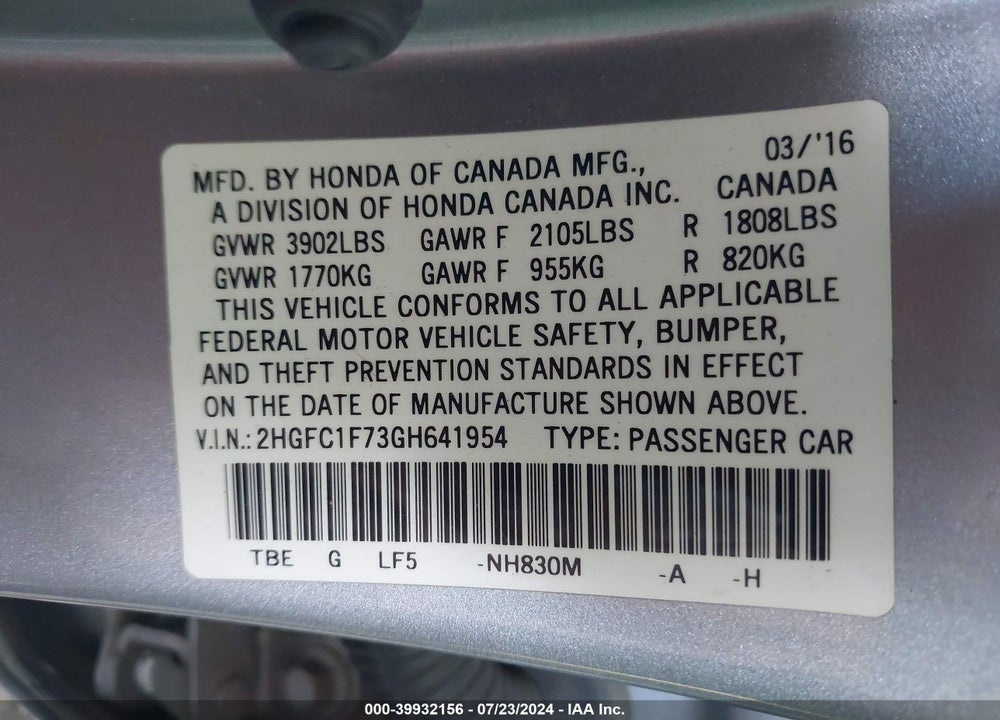 2016 HONDA CIVIC EX-L VIN: 2HGFC1F73GH641954