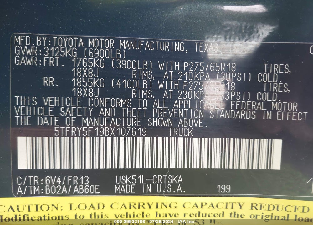 2011 TOYOTA TUNDRA GRADE 5.7L V8 VIN: 5TFRY5F19BX107619