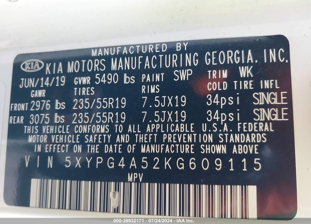 2019 KIA SORENTO VIN: 5XYPG4A52KG609115