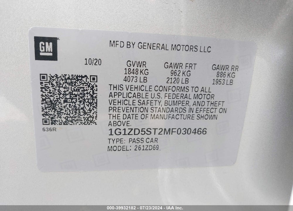2021 CHEVROLET MALIBU FWD LT VIN: 1G1ZD5ST2MF030466