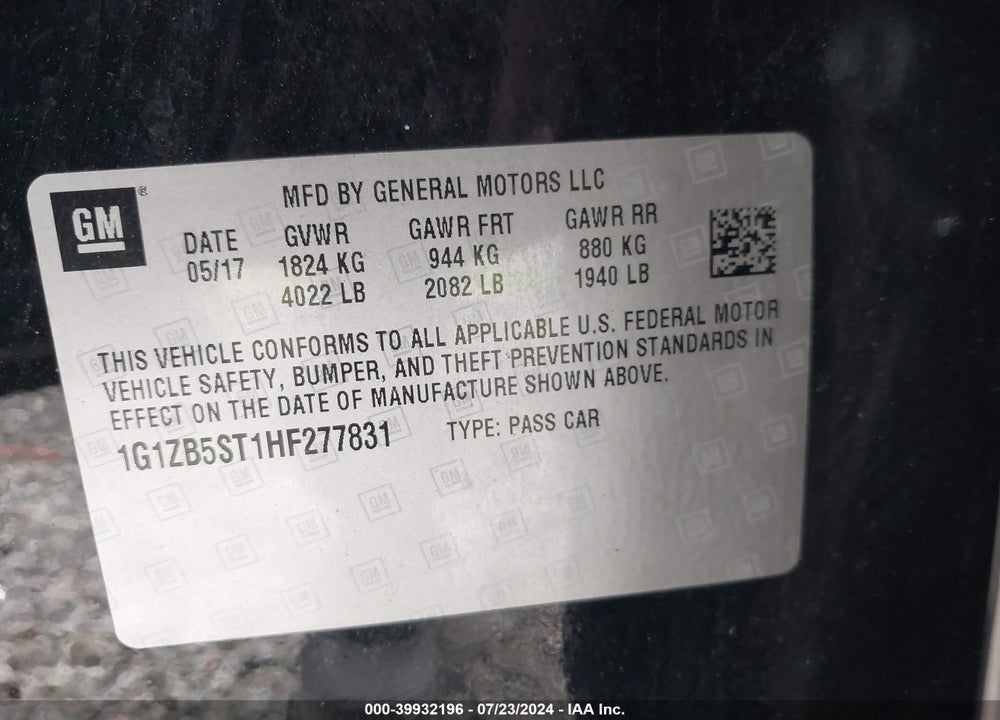 2017 CHEVROLET MALIBU LS VIN: 1G1ZB5ST1HF277831