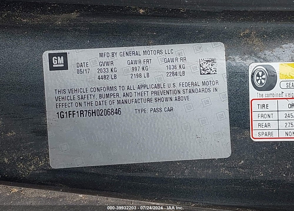 2017 CHEVROLET CAMARO 1SS VIN: 1G1FF1R76H0206846
