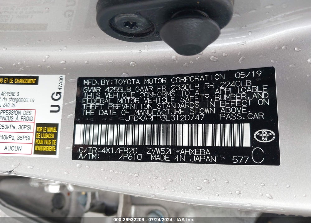 2020 TOYOTA PRIUS PRIME LE VIN: JTDKARFP3L3120747