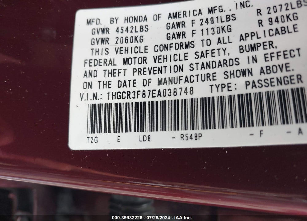 2014 HONDA ACCORD EX-L V-6 VIN: 1HGCR3F87EA038748