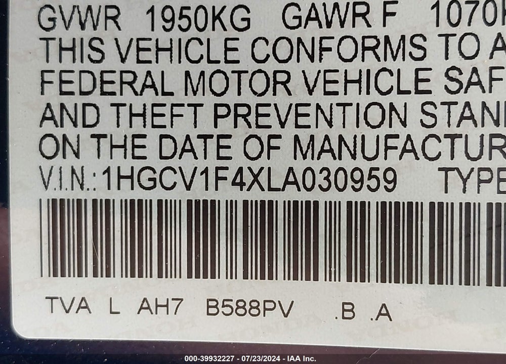 2020 HONDA ACCORD VIN: 1HGCV1F4XLA030959