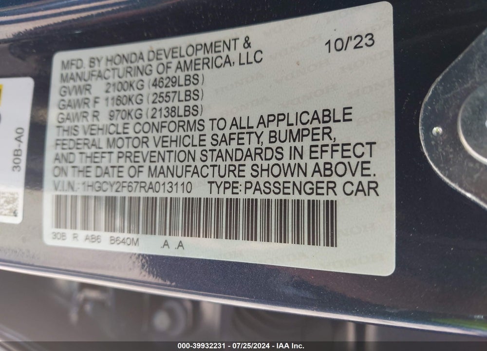 2024 HONDA ACCORD HYBRID EX-L VIN: 1HGCY2F67RA013110