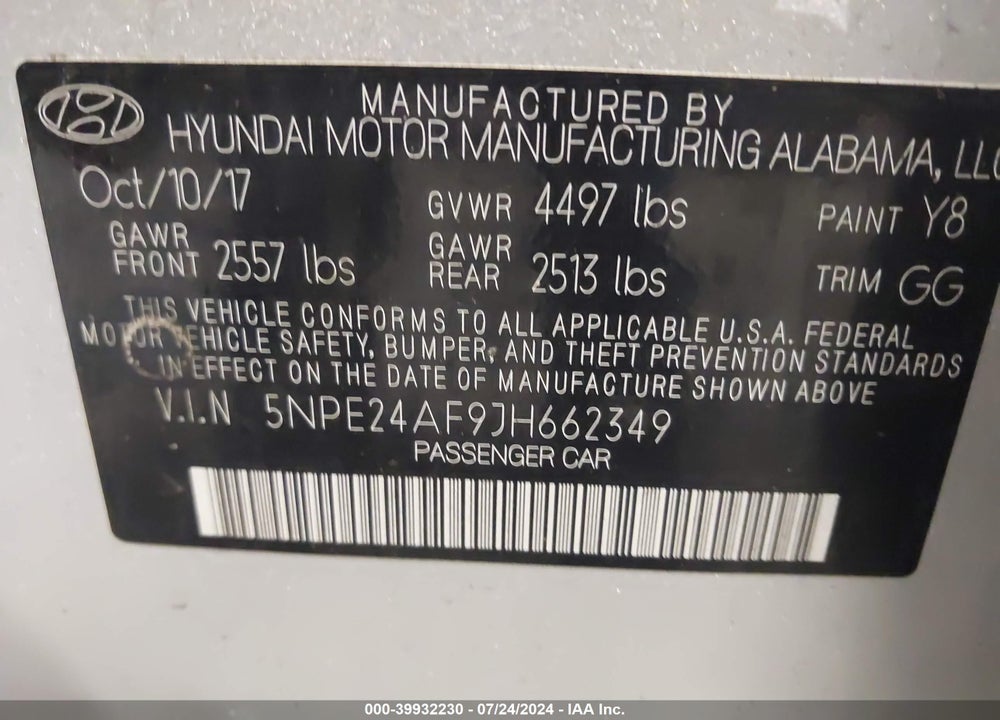 2018 HYUNDAI SONATA SE VIN: 5NPE24AF9JH662349