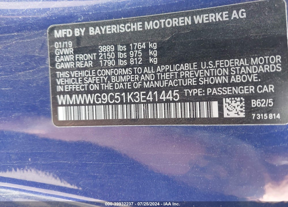 2019 MINI CONVERTIBLE COOPER S VIN: WMWWG9C51K3E41445
