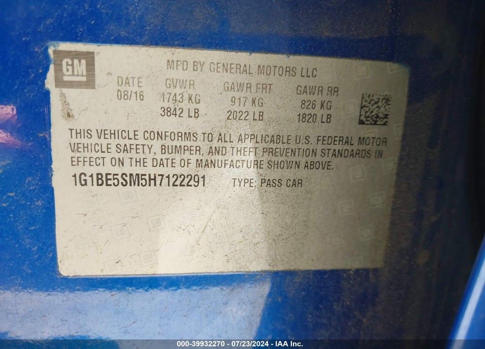 2017 CHEVROLET CRUZE LT AUTO VIN: 1G1BE5SM5H7122291