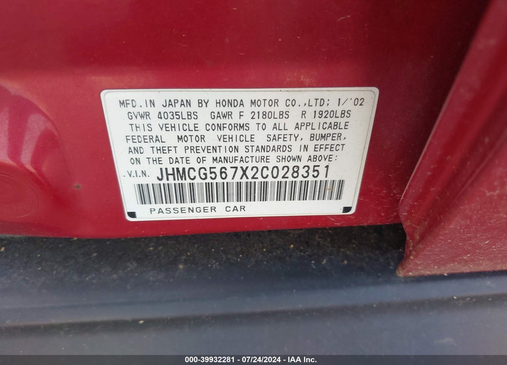 2002 HONDA ACCORD 2.3 SE VIN: JHMCG567X2C028351