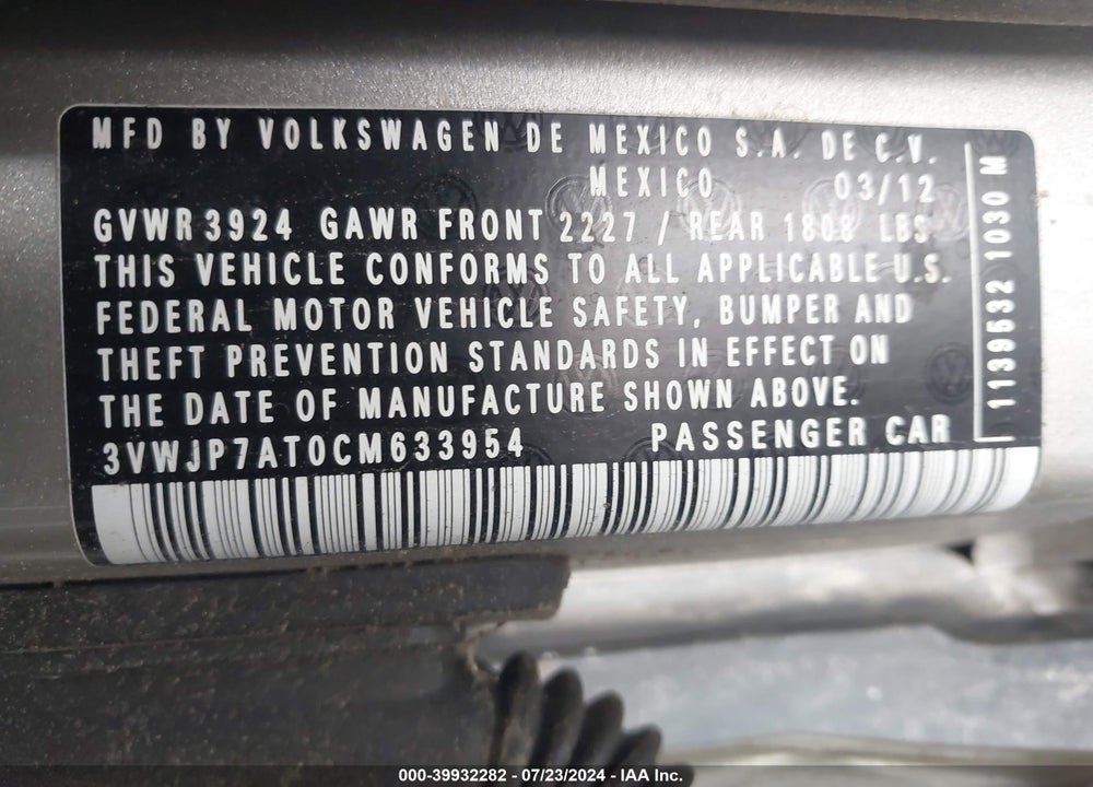 2012 VOLKSWAGEN BEETLE 2.5L VIN: 3VWJP7AT0CM633954