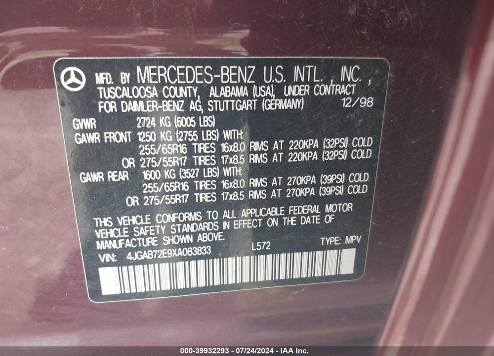 1999 MERCEDES-BENZ ML 430 VIN: 4JGAB72E9XA083833