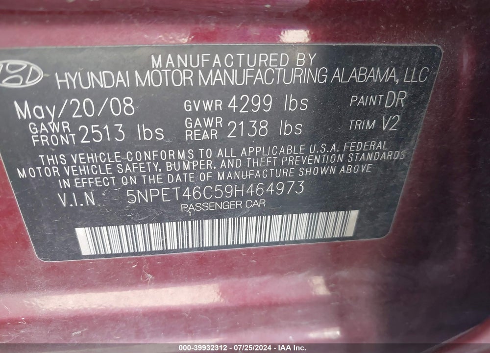 2009 HYUNDAI SONATA GLS VIN: 5NPET46C59H464973