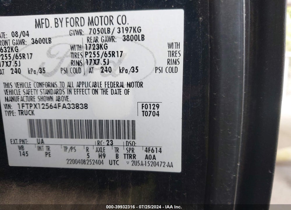 2004 FORD F-150 LARIAT/XL/XLT VIN: 1FTPX12564FA33838