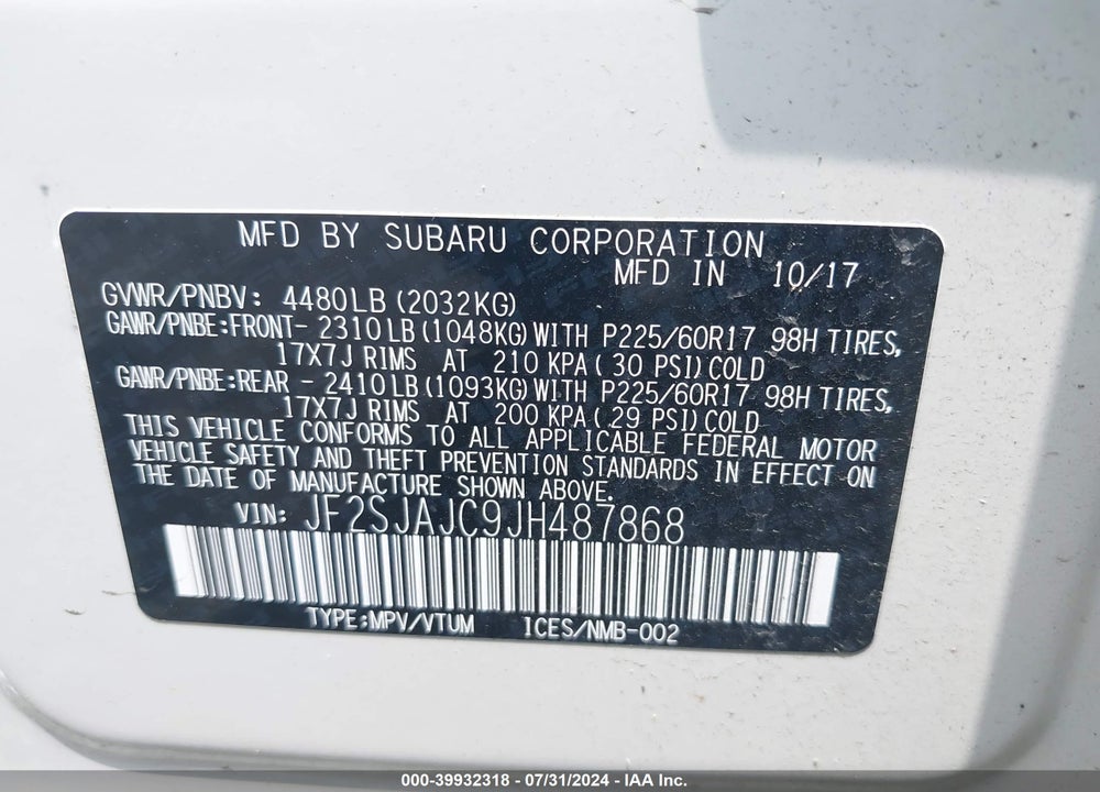 2018 SUBARU FORESTER 2.5I LIMITED VIN: JF2SJAJC9JH487868