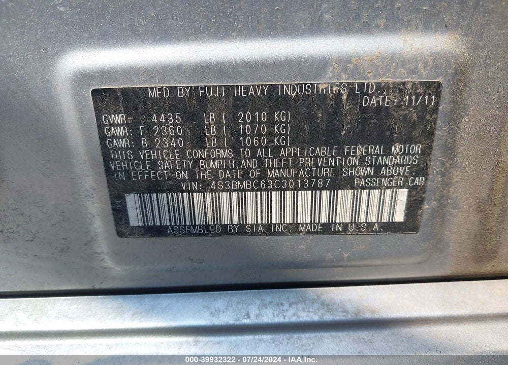 2012 SUBARU LEGACY 2.5I PREMIUM VIN: 4S3BMBC63C3013787