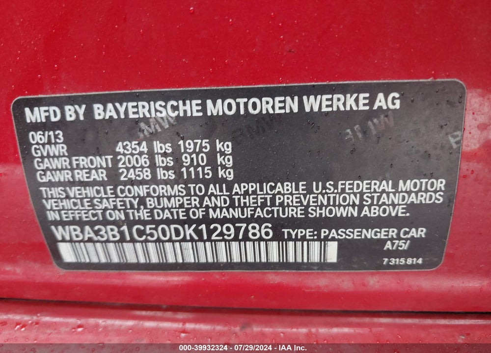 2013 BMW 320I VIN: WBA3B1C50DK129786