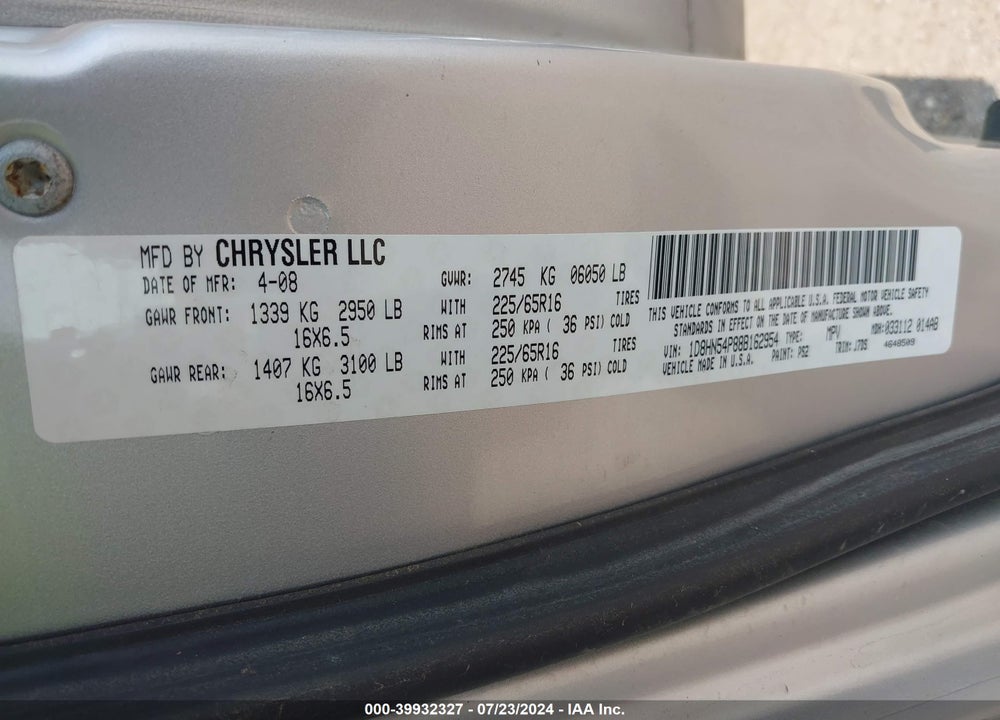 2008 DODGE GRAND CARAVAN SXT VIN: 1D8HN54P88C162954