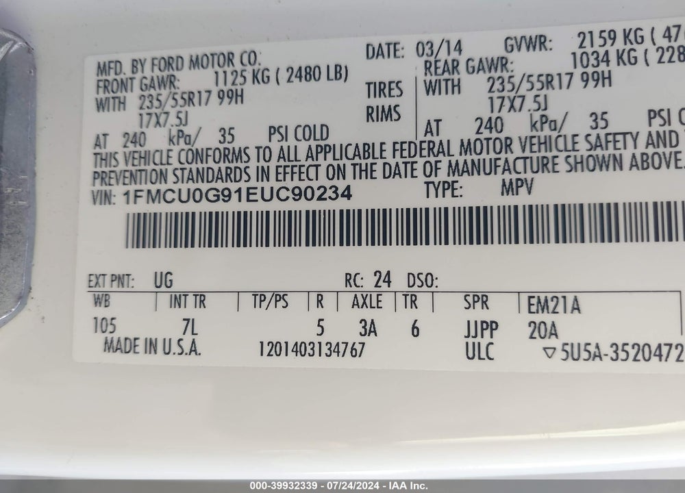 2014 FORD ESCAPE SE VIN: 1FMCU0G91EUC90234