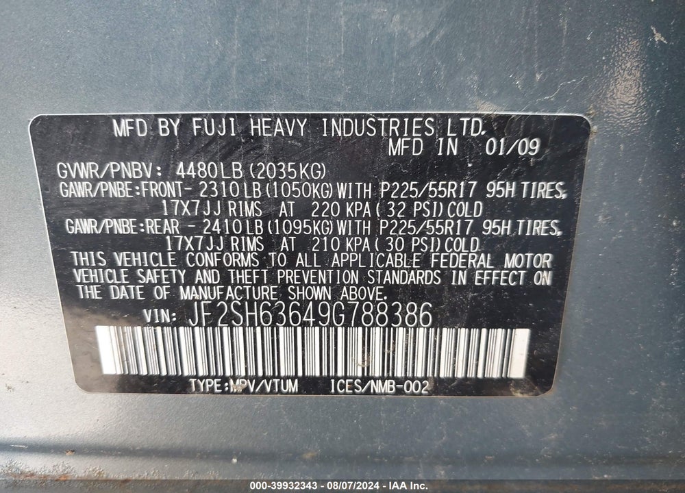 2009 SUBARU FORESTER 2.5X VIN: JF2SH63649G788386