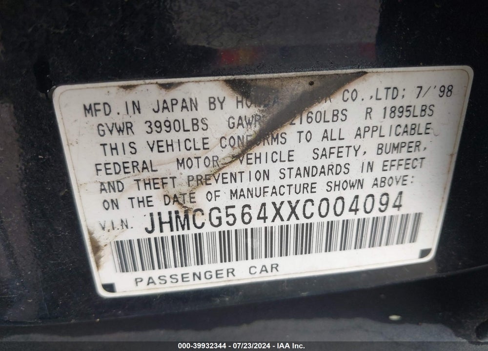 1999 HONDA ACCORD LX VIN: JHMCG564XXC004094
