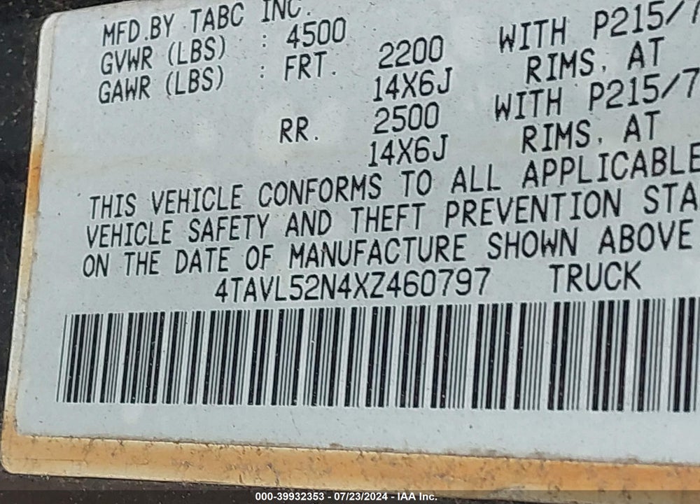 1999 TOYOTA TACOMA VIN: 4TAVL52N4XZ460797