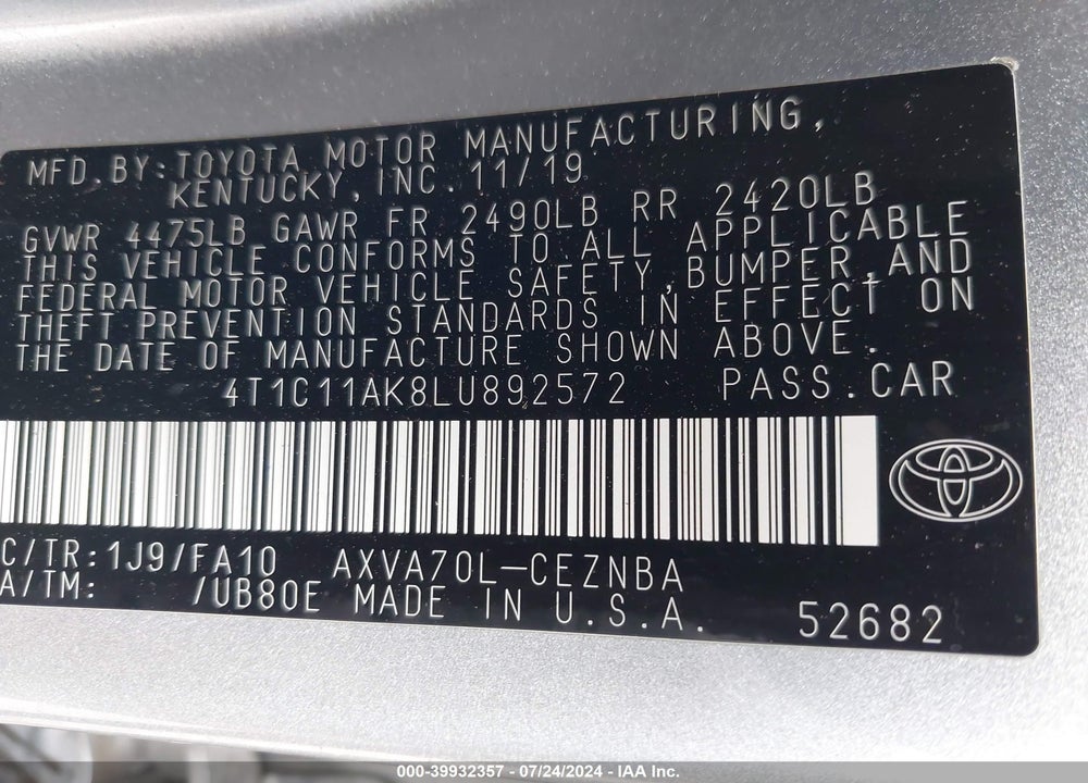 2020 TOYOTA CAMRY LE VIN: 4T1C11AK8LU892572