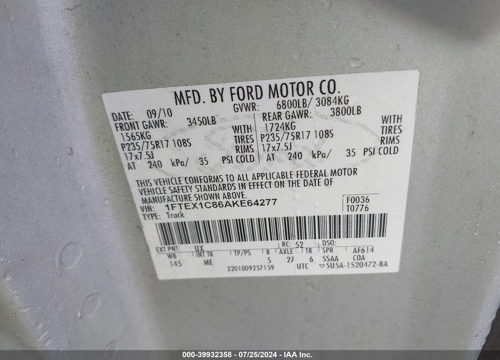 2010 FORD F-150 FX2 SPORT/STX/XL/XLT VIN: 1FTEX1C86AKE64277