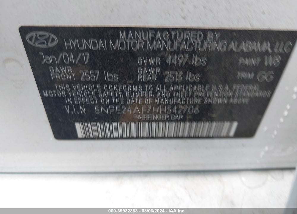 2017 HYUNDAI SONATA VIN: 5NPE24AF7HH542706