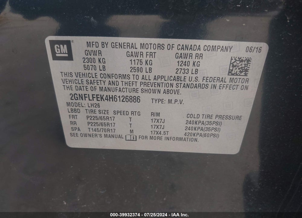 2017 CHEVROLET EQUINOX LT VIN: 2GNFLFEK4H6126886