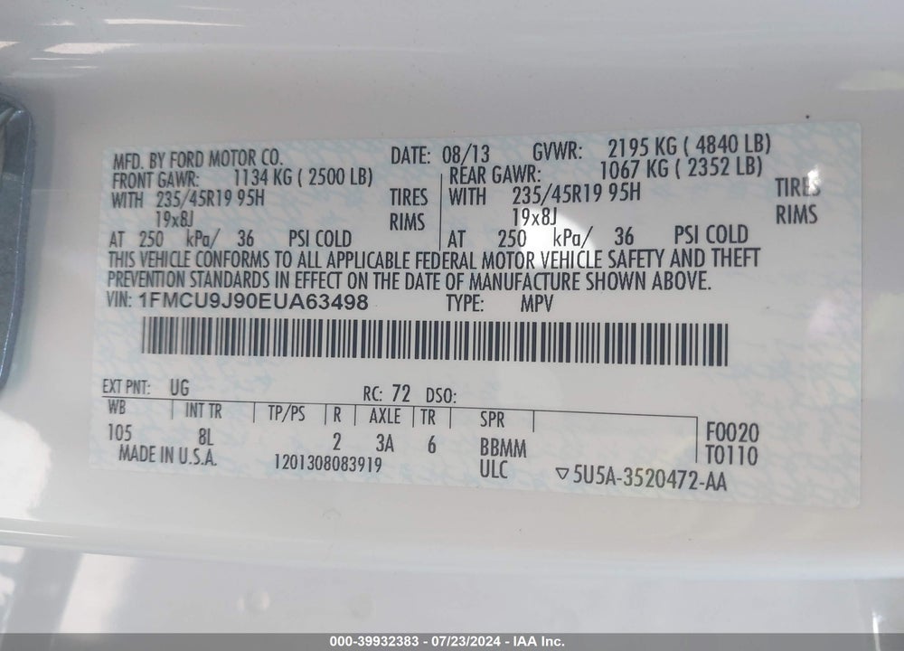 2014 FORD ESCAPE TITANIUM VIN: 1FMCU9J90EUA63498