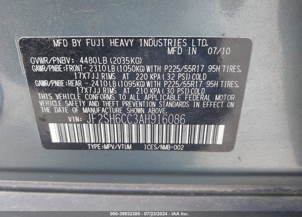 2010 SUBARU FORESTER 2.5X PREMIUM VIN: JF2SH6CC3AH916086