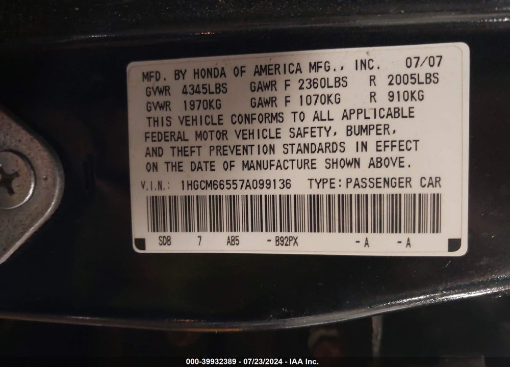 2007 HONDA ACCORD 3.0 EX VIN: 1HGCM66557A099136