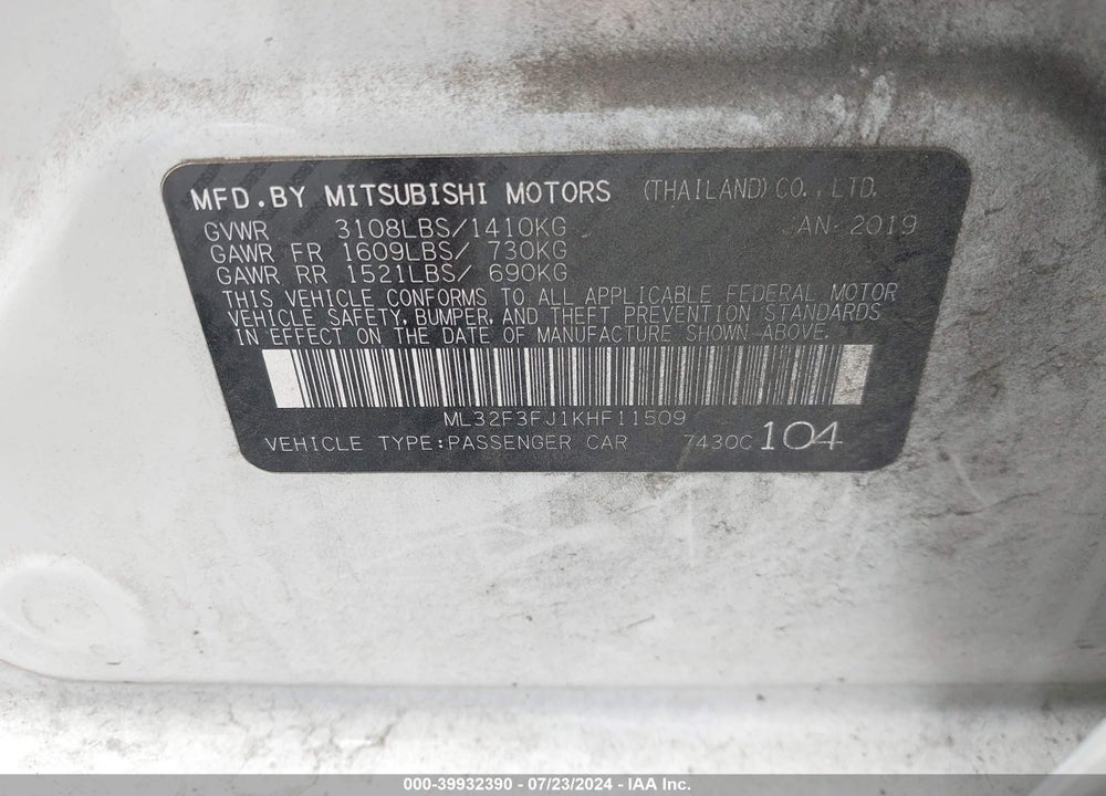 2019 MITSUBISHI MIRAGE G4 ES VIN: ML32F3FJ1KHF11509