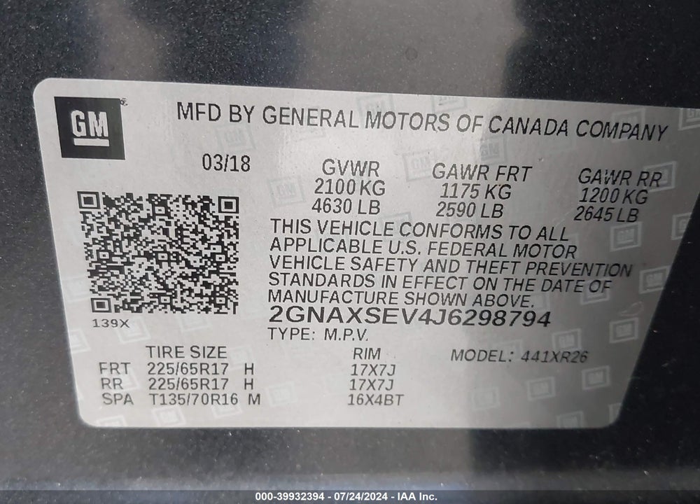 2018 CHEVROLET EQUINOX LT VIN: 2GNAXSEV4J6298794