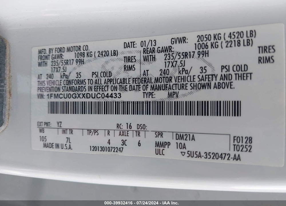 2013 FORD ESCAPE SE VIN: 1FMCU0GXXDUC04433
