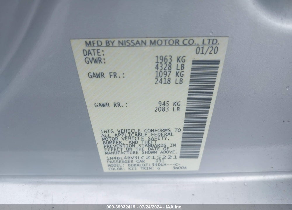 2020 NISSAN ALTIMA S FWD VIN: 1N4BL4BV3LC215221