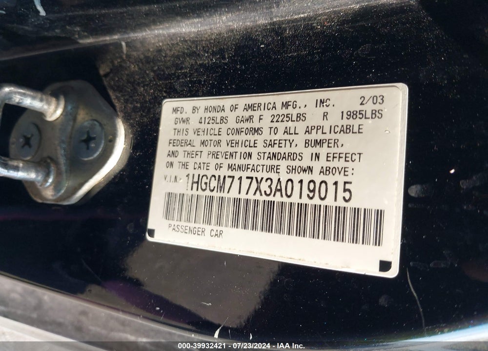 2003 HONDA ACCORD 2.4 EX VIN: 1HGCM717X3A019015