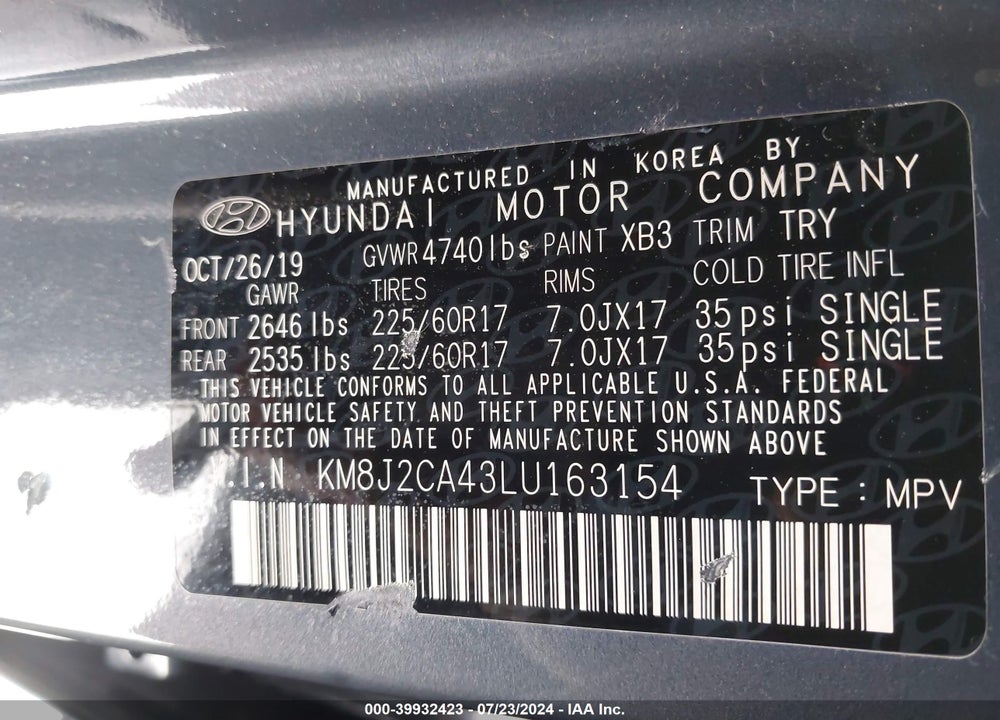 2020 HYUNDAI TUCSON SE VIN: KM8J2CA43LU163154