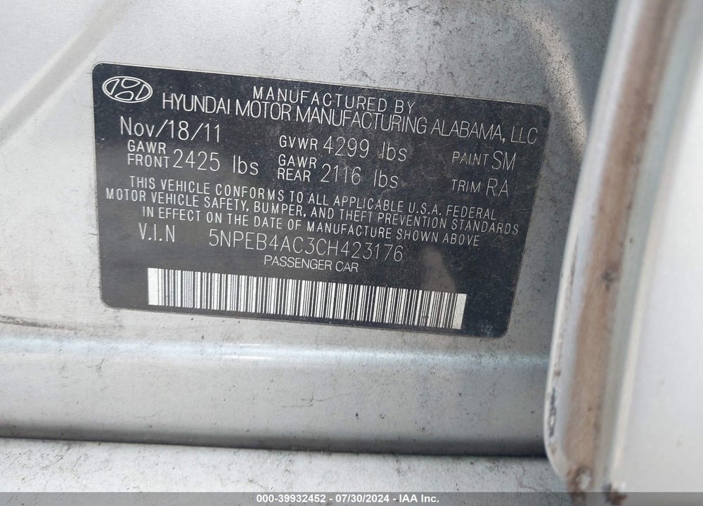 2012 HYUNDAI SONATA GLS VIN: 5NPEB4AC3CH423176