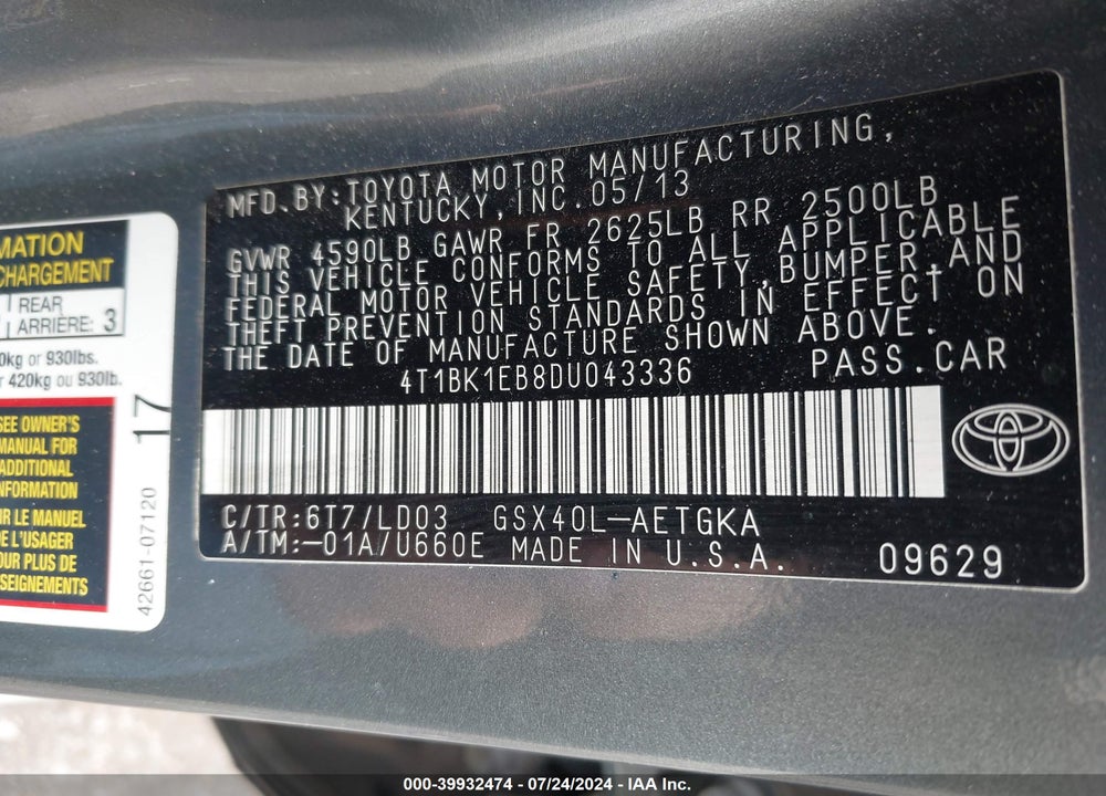 2013 TOYOTA AVALON XLE VIN: 4T1BK1EB8DU043336